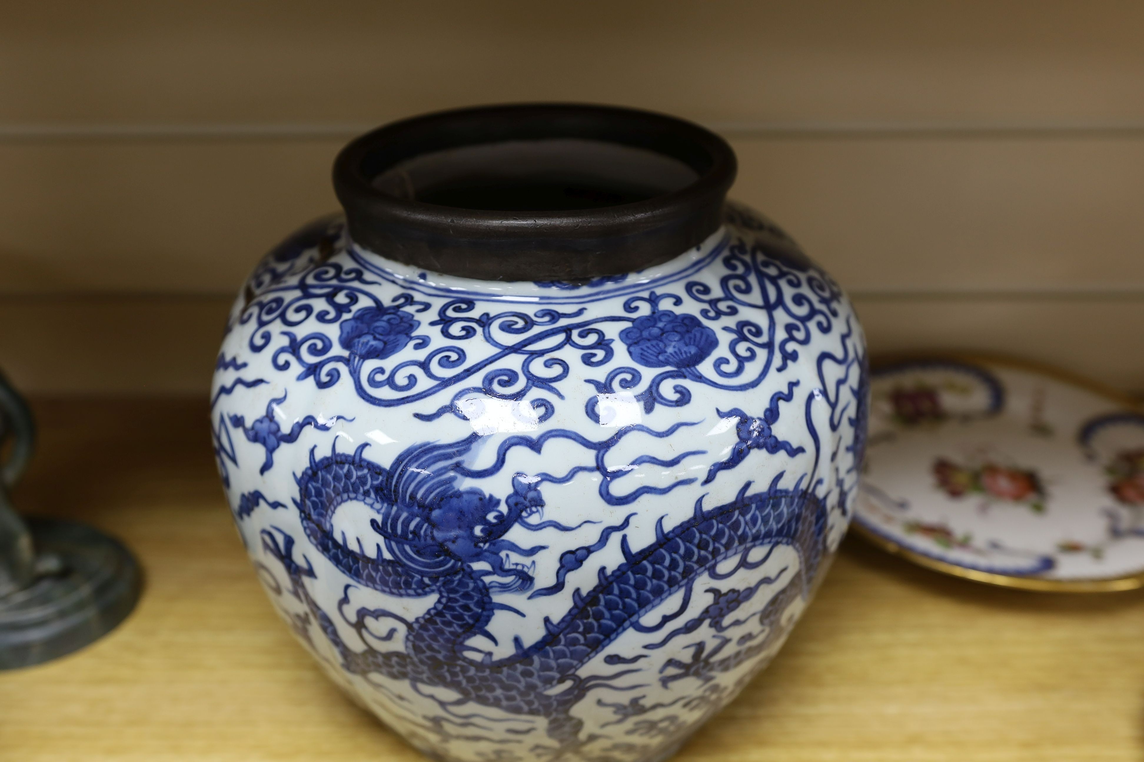 A Chinese blue and white ‘dragon jar, Wanli mark and possibly of the period, 23 cm high